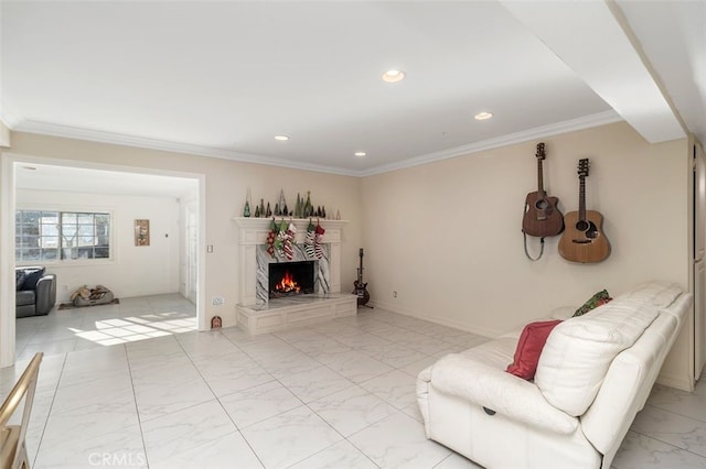 living room with ornamental molding