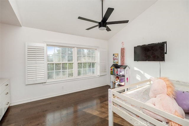 bedroom with ceiling fan, dark hardwood / wood-style flooring, and lofted ceiling