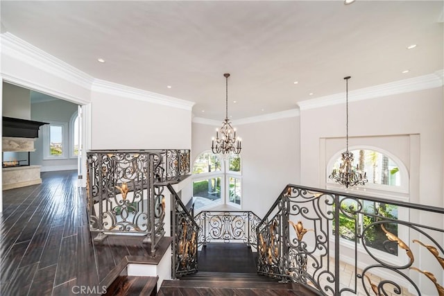 stairs with a high end fireplace, wood-type flooring, crown molding, and a wealth of natural light