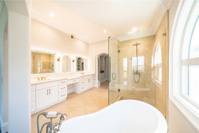 bathroom featuring separate shower and tub, crown molding, tile patterned floors, and vanity