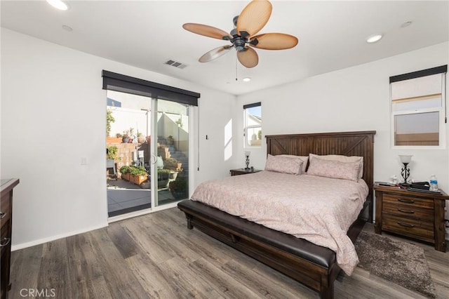 bedroom featuring access to exterior, hardwood / wood-style floors, and ceiling fan