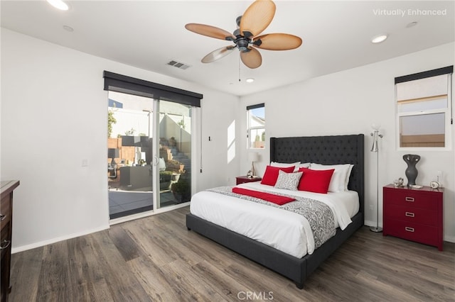 bedroom with access to outside, visible vents, wood finished floors, and recessed lighting