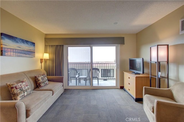 carpeted living room featuring a textured ceiling