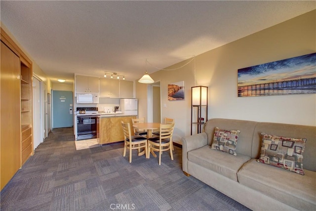 living room with a textured ceiling and dark colored carpet