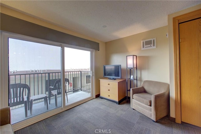 living area featuring a textured ceiling and carpet floors