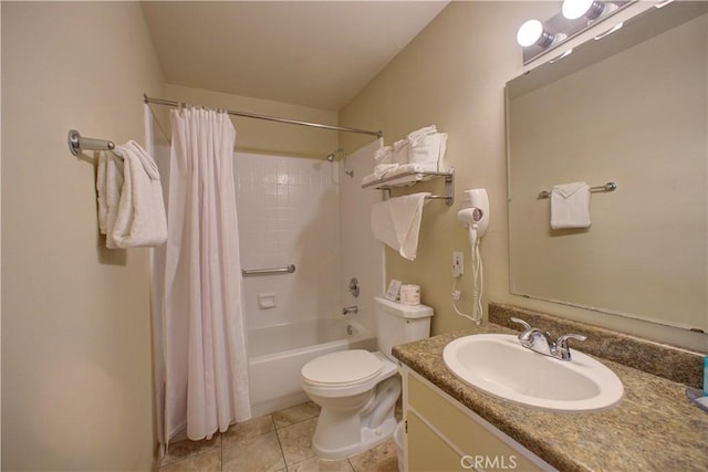 full bathroom with tile patterned floors, vanity, shower / bathtub combination with curtain, and toilet