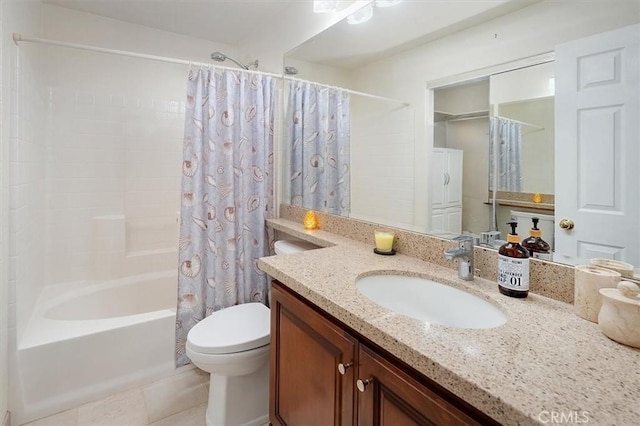 full bathroom with toilet, vanity, tile patterned floors, and shower / tub combo with curtain