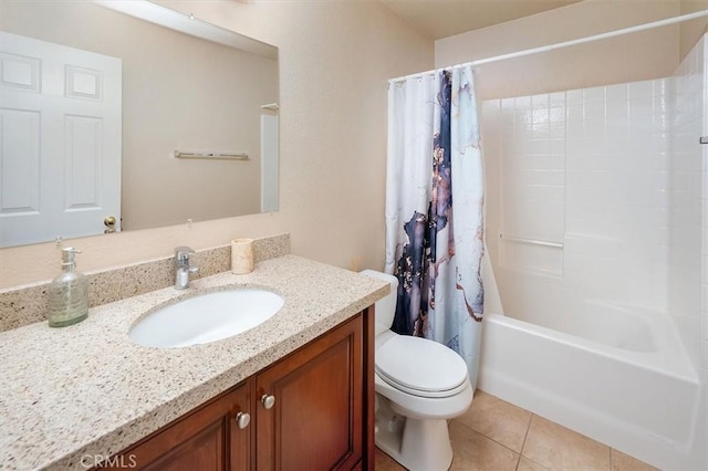 full bathroom with tile patterned floors, toilet, vanity, and shower / bathtub combination with curtain