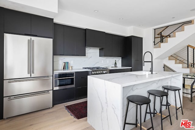 kitchen with decorative backsplash, stainless steel appliances, sink, a center island with sink, and light hardwood / wood-style flooring