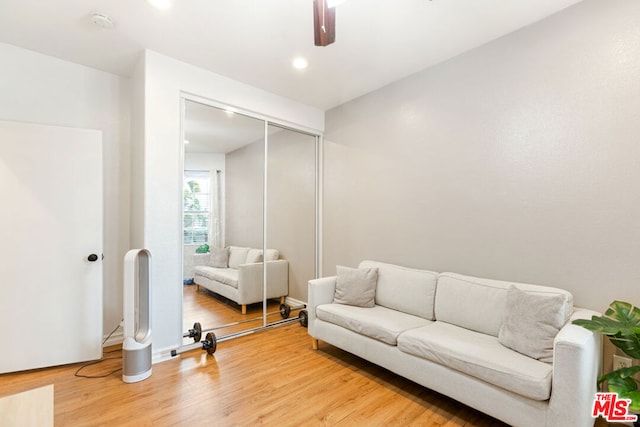 living room with ceiling fan and wood-type flooring