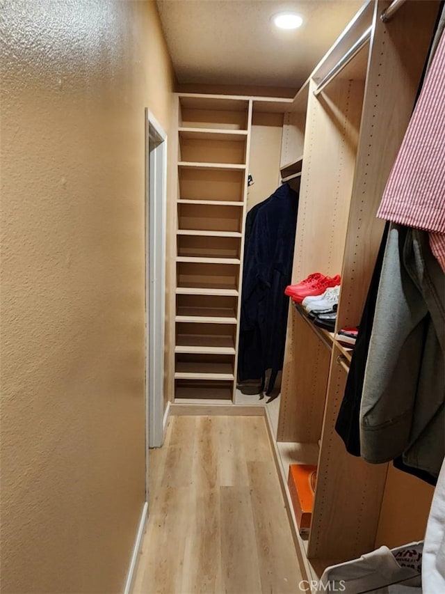 walk in closet with light hardwood / wood-style flooring