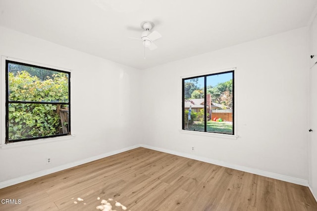 empty room featuring ceiling fan and light hardwood / wood-style floors