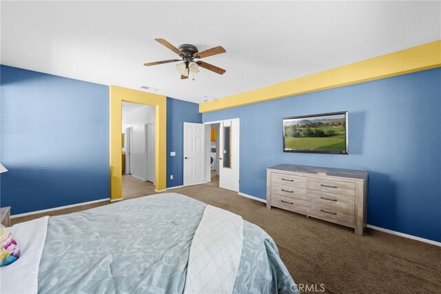 24809 Melrose Dr, Menifee, CA 92585 - bedroom featuring a ceiling fan, visible vents, baseboards, washer / clothes dryer, and carpet floors