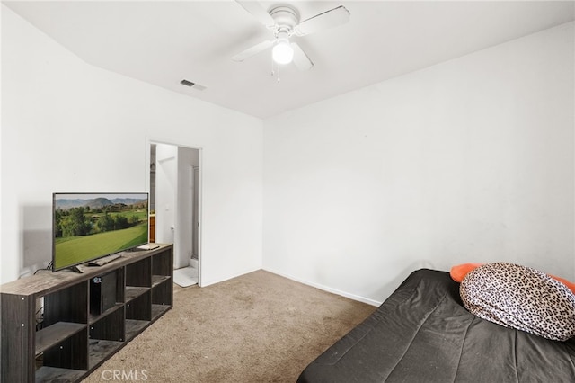 24809 Melrose Dr, Menifee, CA 92585 - bedroom with visible vents, ceiling fan, and carpet floors