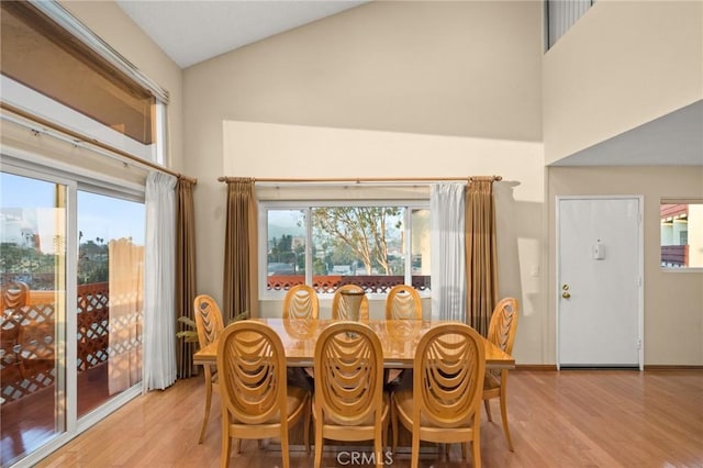 dining room with light hardwood / wood-style flooring and lofted ceiling