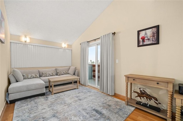 living room with hardwood / wood-style floors and lofted ceiling