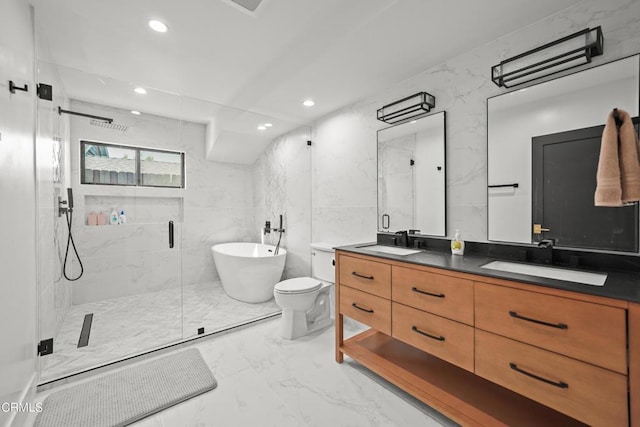 full bathroom with shower with separate bathtub, vanity, toilet, and tile walls