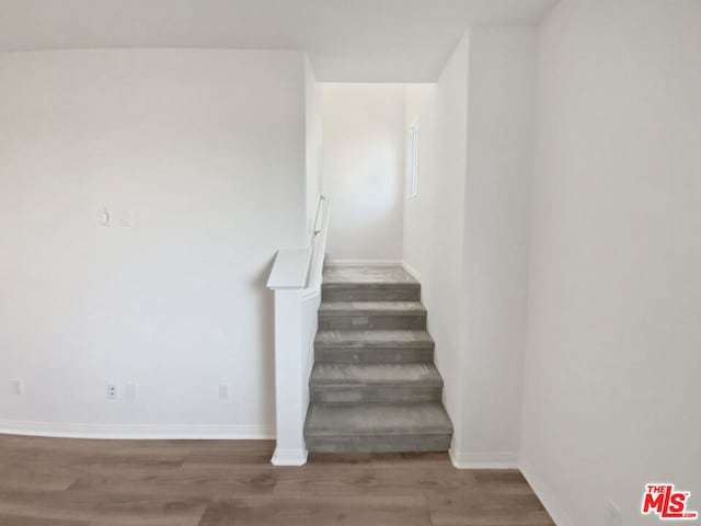 staircase with hardwood / wood-style floors