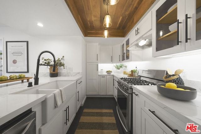 kitchen with pendant lighting, white cabinetry, light stone countertops, appliances with stainless steel finishes, and wood ceiling