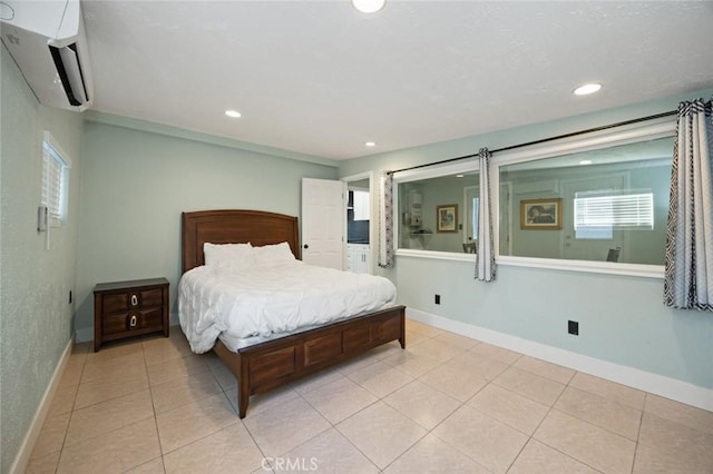 tiled bedroom with a wall mounted air conditioner