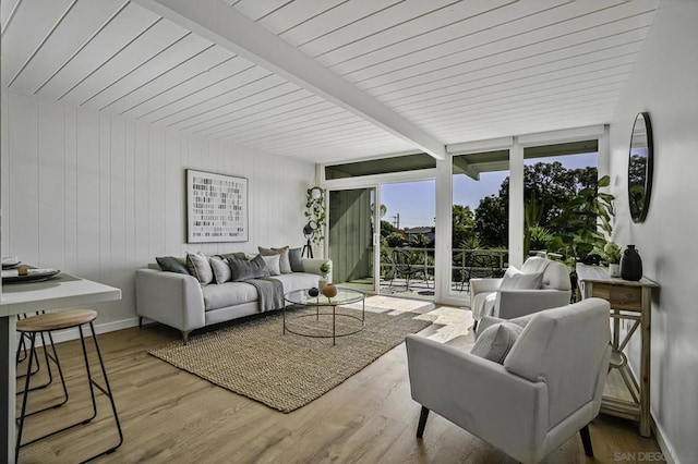 living room featuring beam ceiling and wood-type flooring