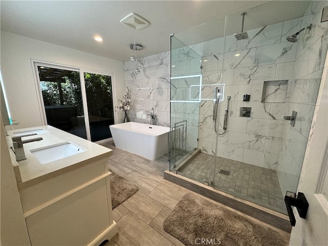 20871 Crestview Ln, Huntington Beach, CA 92646 - full bathroom with a marble finish shower, double vanity, and a freestanding tub