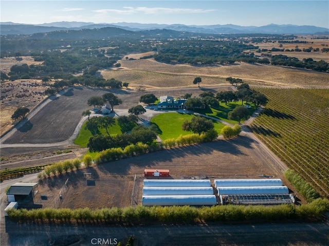 drone / aerial view featuring a mountain view and a rural view