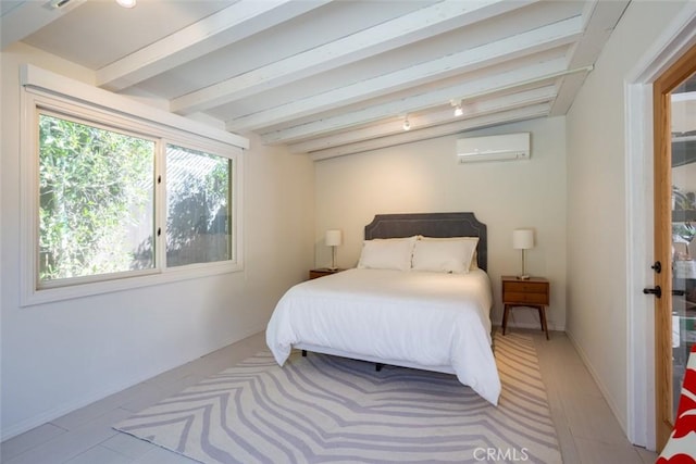 bedroom with a wall mounted air conditioner and lofted ceiling with beams