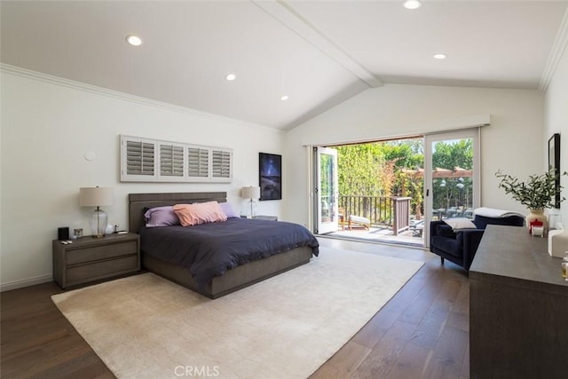 bedroom featuring access to exterior, hardwood / wood-style floors, lofted ceiling with beams, and ornamental molding