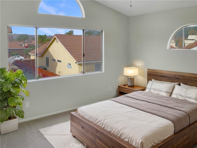 bedroom with light colored carpet