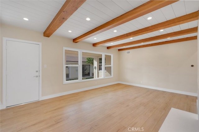 unfurnished living room with beamed ceiling and light hardwood / wood-style floors