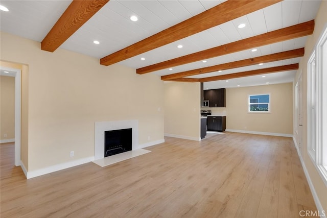 unfurnished living room with beam ceiling and light hardwood / wood-style flooring