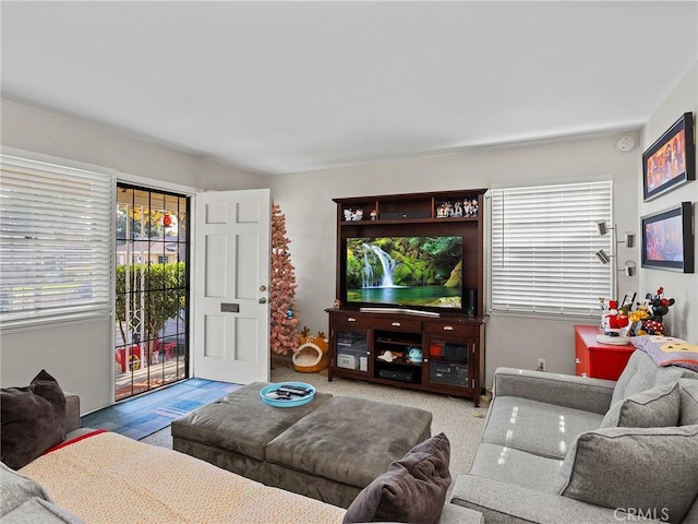 living room featuring light colored carpet