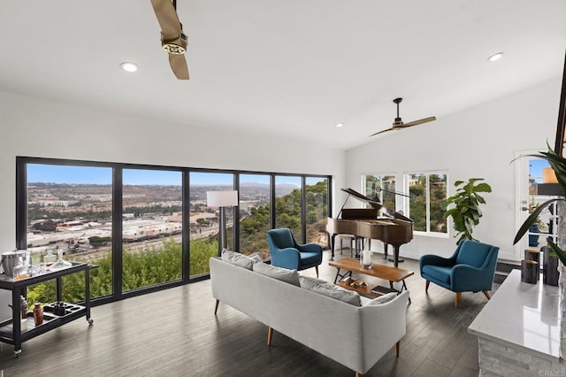 living room with ceiling fan, wood-type flooring, and lofted ceiling