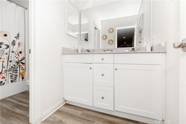 bathroom featuring double vanity, a sink, toilet, and wood finished floors