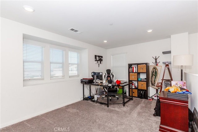 carpeted home office with recessed lighting, visible vents, and baseboards