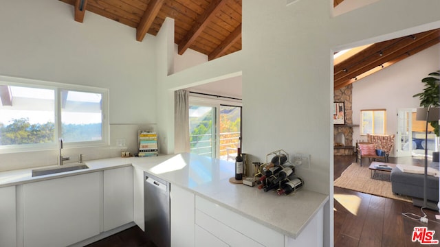 kitchen with sink, stainless steel dishwasher, white cabinets, and wood ceiling