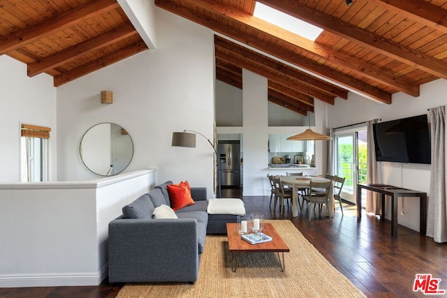 living room with beam ceiling, dark wood-type flooring, high vaulted ceiling, and wooden ceiling