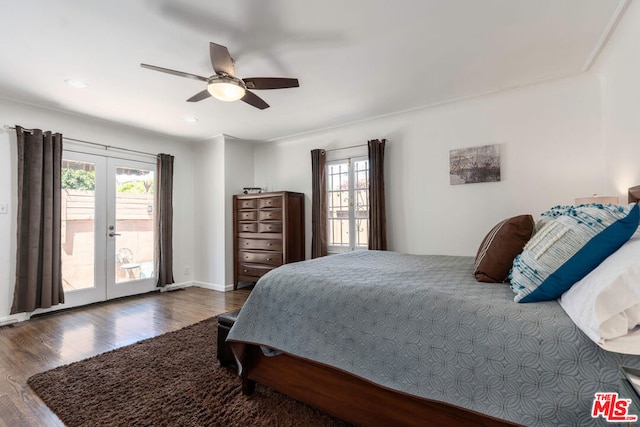 bedroom with ceiling fan, access to exterior, multiple windows, and french doors