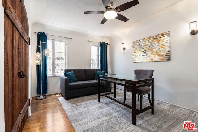 office featuring ceiling fan and wood-type flooring