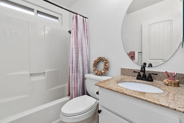 full bathroom with shower / bathtub combination with curtain, vanity, and toilet