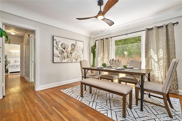 dining room with hardwood / wood-style floors and ceiling fan