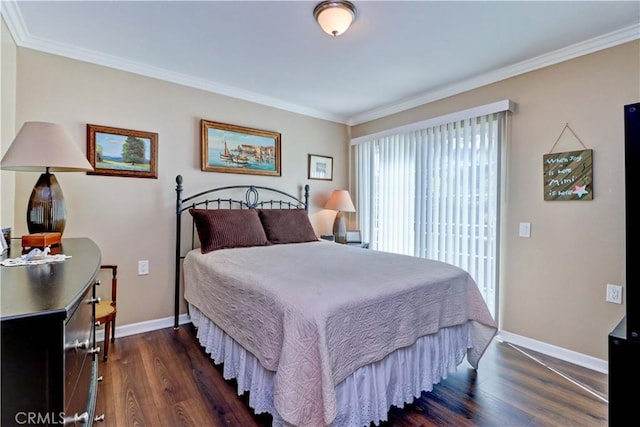 bedroom with crown molding and dark hardwood / wood-style flooring