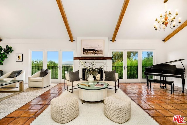 living room with french doors, beam ceiling, dark tile patterned flooring, and a notable chandelier