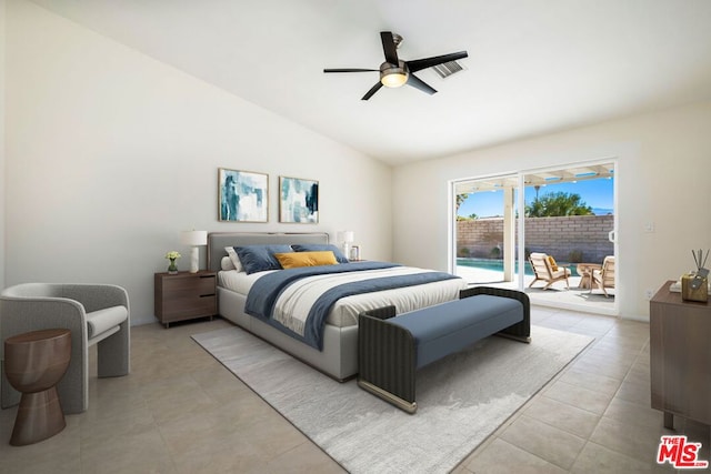 tiled bedroom with access to outside, vaulted ceiling, and ceiling fan