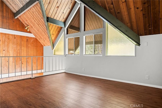 spare room featuring beam ceiling, hardwood / wood-style flooring, high vaulted ceiling, and wood ceiling