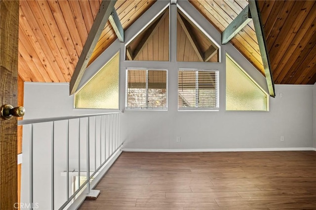 unfurnished room featuring hardwood / wood-style floors, vaulted ceiling with beams, and wood ceiling