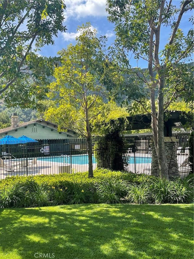 view of swimming pool with a lawn