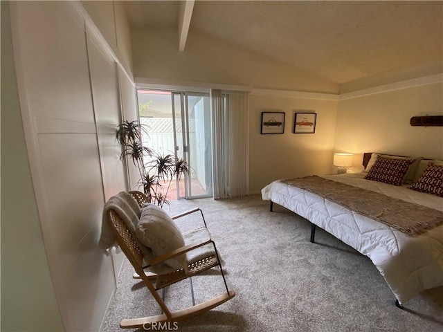 carpeted bedroom with access to exterior and lofted ceiling with beams