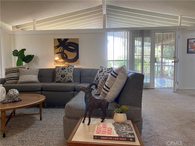 carpeted living room with a textured ceiling and vaulted ceiling